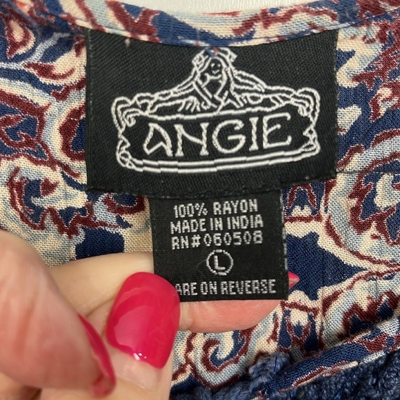 Angie Womens Top L Navy Wine Red Stretch Neckline Lace Front Ties/Tassels Loose - Picture 2 of 12